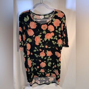 LuLaRoe Black Irma Tunic with Coral Rose Print Size Medium Comfy Cozy
